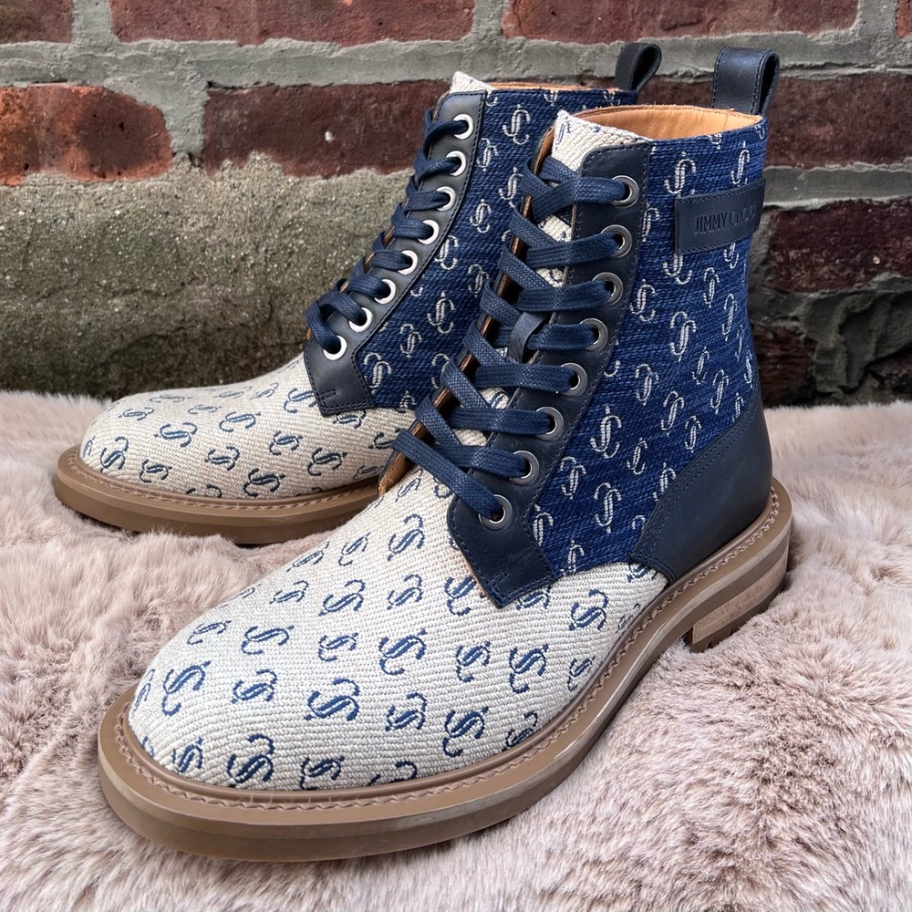 NEW Size 39.5 Jimmy Choo Turing/M Sand Dune Navy Logo Print Combat Moto Boots - Picture 4 of 12